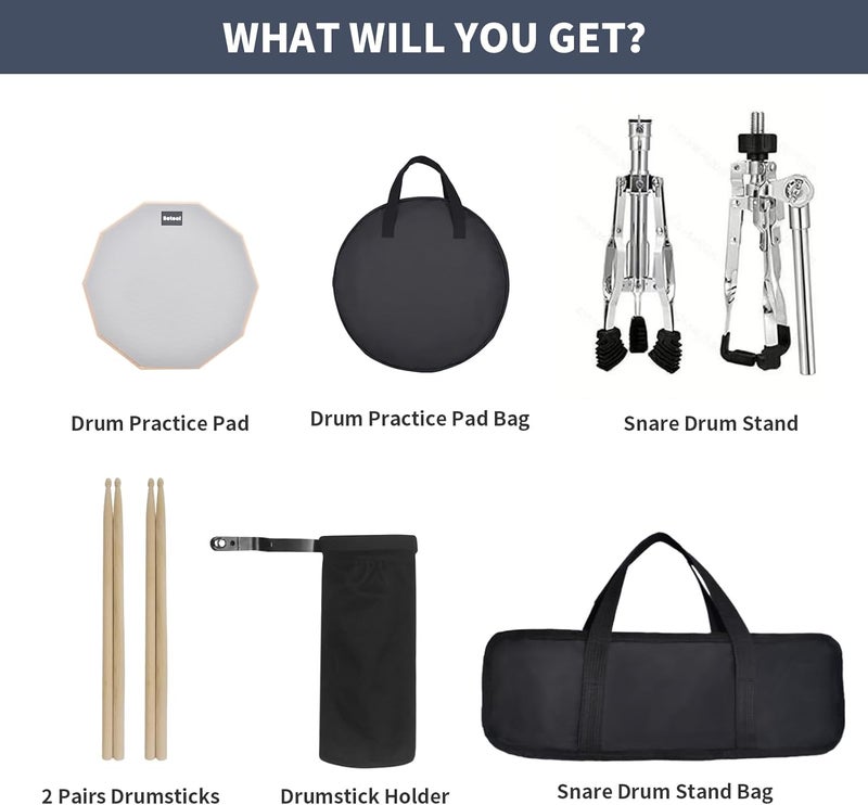 Seteol Drum Practice Pad Set, 12 Inch Double Sided Silent Drum Pad with Storage Bag + Adjustable Snare Drum Stand with Carry Bag + 2 Pair Drum Sticks with Drumstick Holder, Fits 10"-14" Drums (Grey) - Image 2